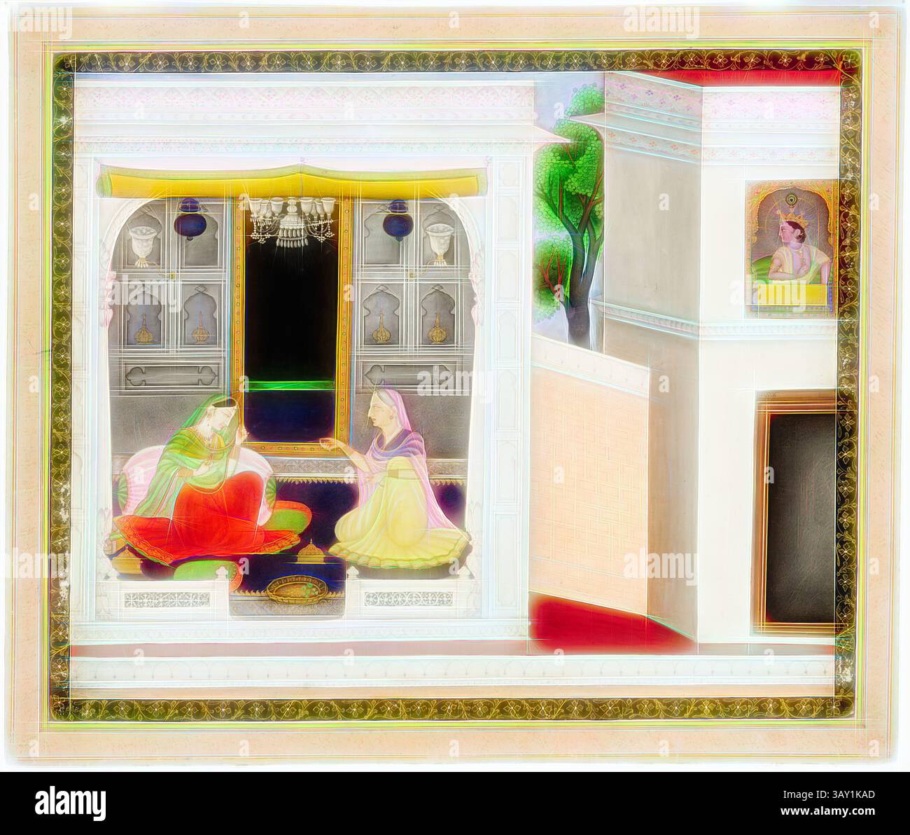 Two elegantly dressed women are seated in a richly adorned room ...