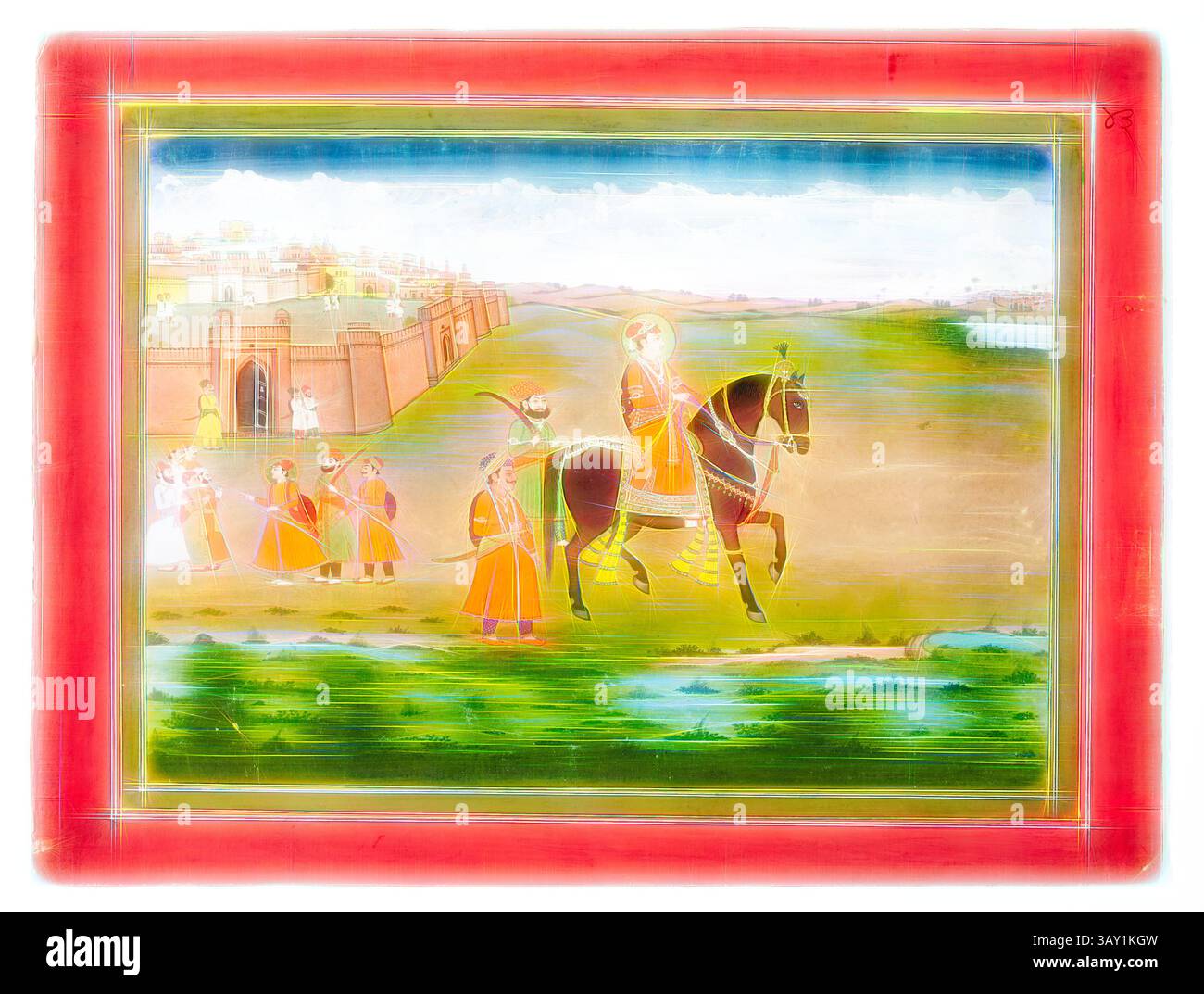 A vibrant scene depicting a regal figure riding a horse, surrounded by ...