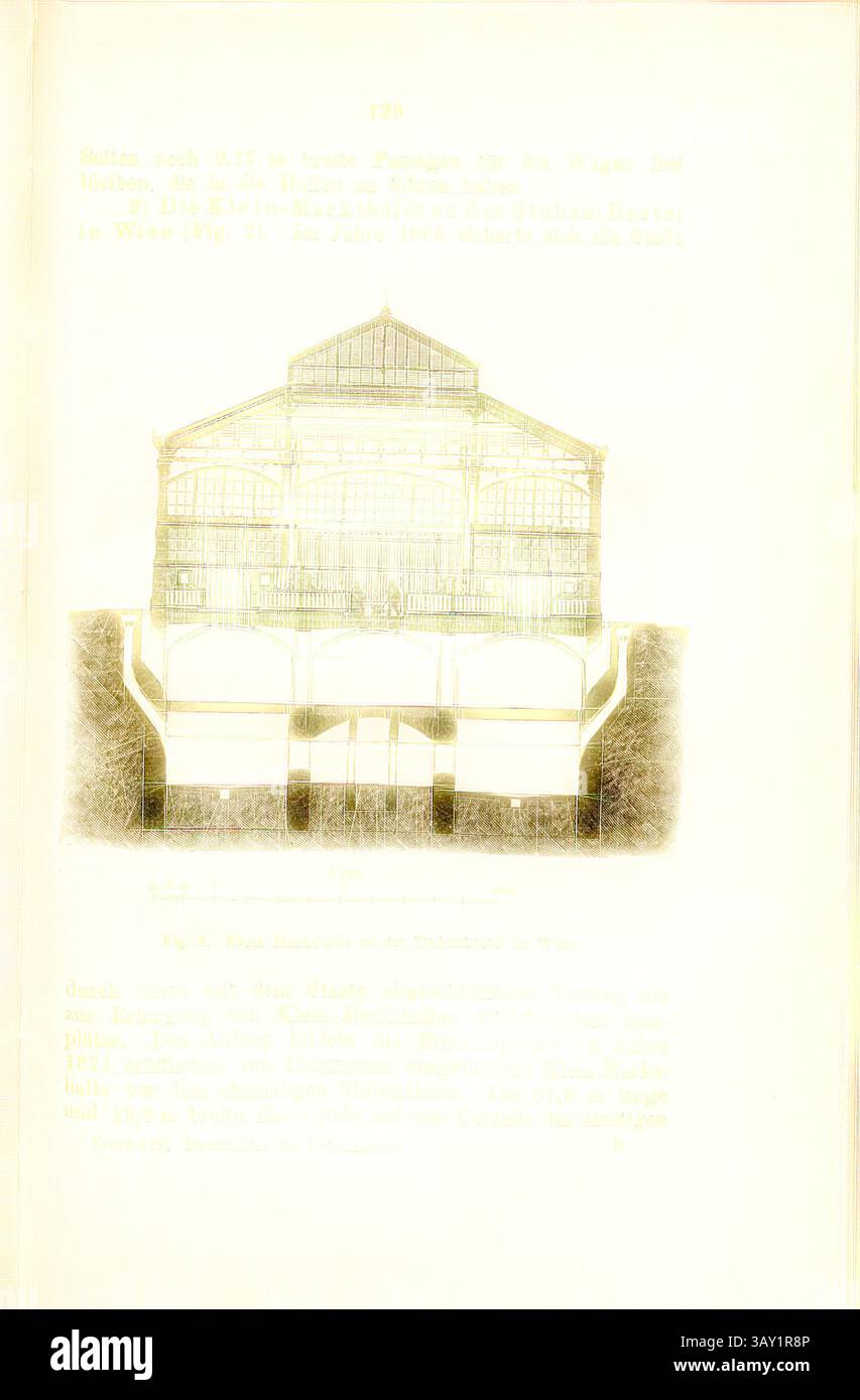 An architectural design featuring a large, multi-level structure with expansive windows, supported on stilts. The building showcases intricate detailing and a balcony that wraps around the upper floor, emphasizing its elegant design. Text below discusses aspects of the construction and design philosophy., Small market hall at the Stubenbastei to Vienna, Cross-section of the market hall in the district of Innere Stadt in Vienna, Fig. 2, p. 129, Georg Osthoff: Die Markthallen für Lebensmittel. Leipzig: Karl Scholtze, 1894, Classic art with a modern twist reimagined by Artotop Stock Photo