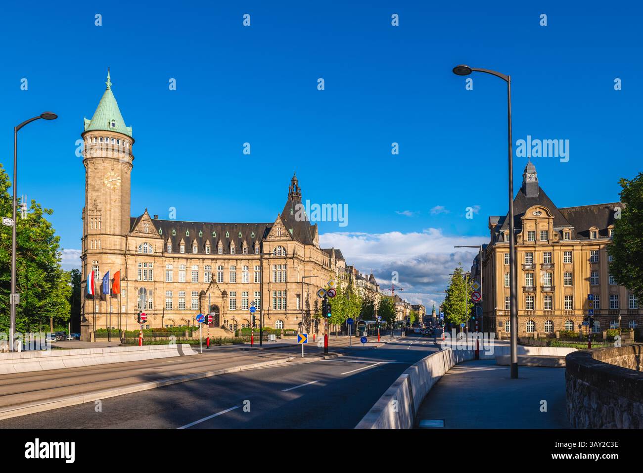 Clock tower and Adolphe bridge are the landmarks of Luxembourg located in Luxembourg city Stock Photo