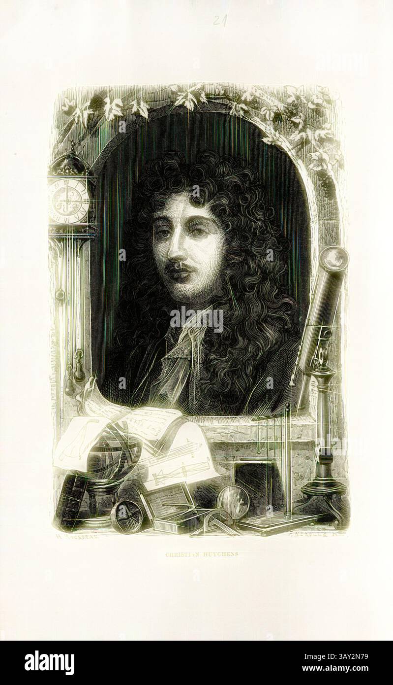 A historical portrait of a man with long, curly hair, framed by various scientific instruments and books, suggesting a connection to learning and discovery. The backdrop includes a clock and a telescope, indicating a scholarly atmosphere., Christian Huyghens, Portrait of Christiaan Huygens, Date Appreciated, Signed: H. Rousseau; F. Méaulle sc, Fig. 19, after p. 320, Rousseau, H.; Méaulle, F. (sc), 1869, Louis Figuier: Vies des savants illustres: depuis l'antiquité jusqu'au dix-neuvième siècle. Paris: librairie internationale, 1869, Classic art with a modern twist reimagined by Artotop Stock Photo