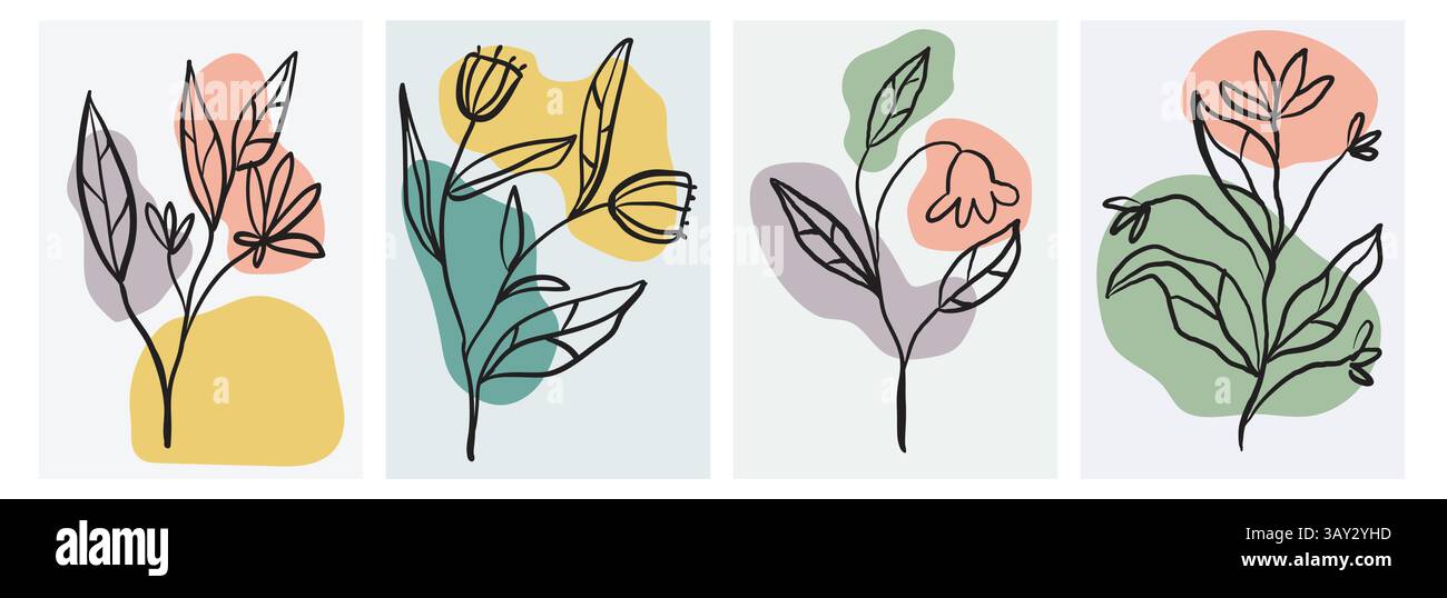 Floral posters collection with hand drawn sketch flowers and branches ...