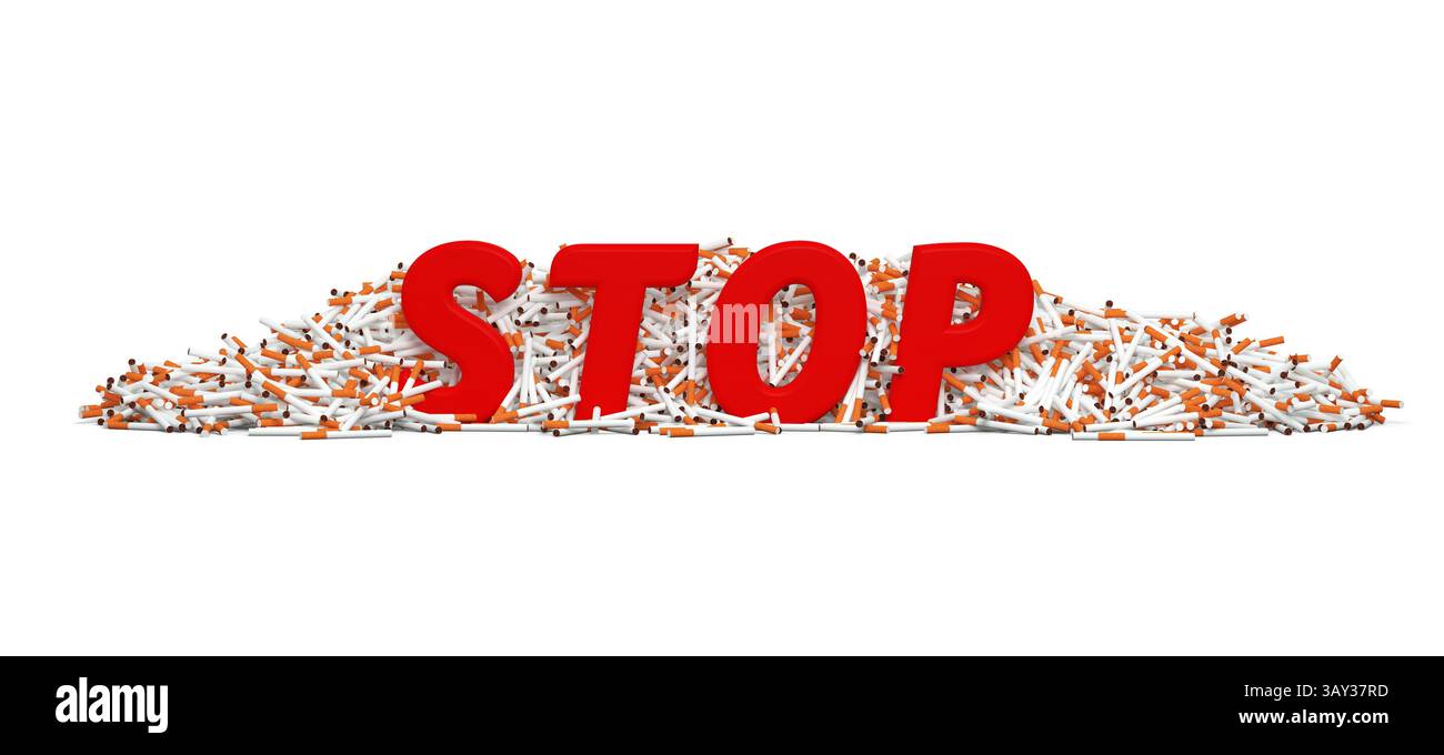 STOP text in front of a pile of hundreds of cigarettes - quit smoking concept - white background - 3D rendering Stock Photo