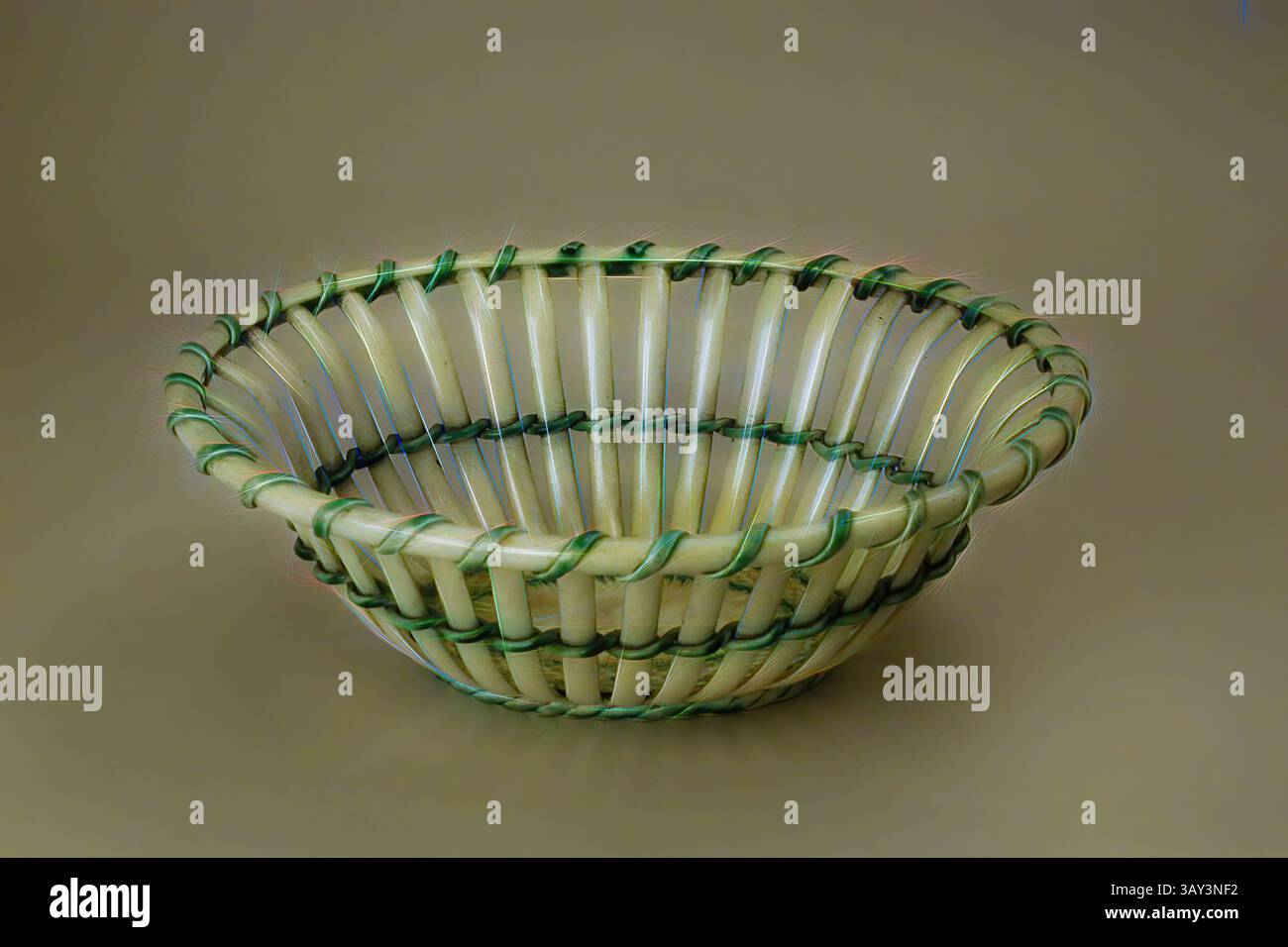 A beautifully crafted woven basket with a rounded shape, featuring ...