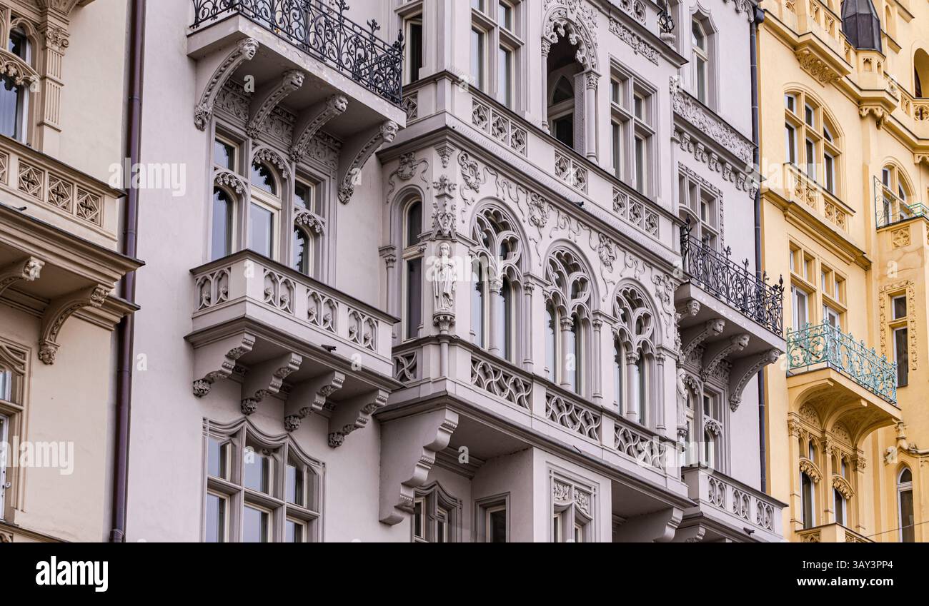 Detailed view of historic Prague facades, showcasing intricate designs ...