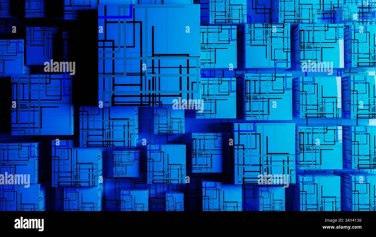 Vibrant abstract background showcases interconnected cubes, representing technology and data in a digital landscape. Stock Photo