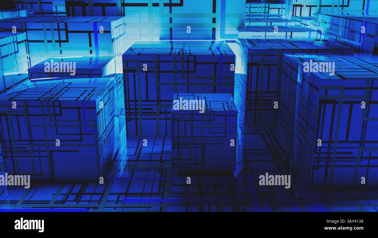 Vibrant abstract background showcases interconnected cubes, representing technology and data in a digital landscape. Stock Photo