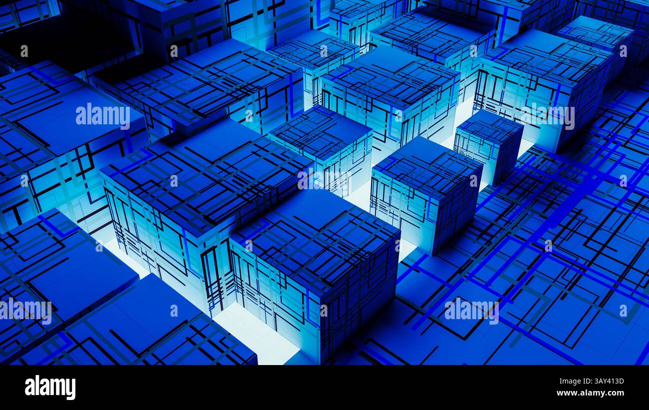 Vibrant abstract background showcases interconnected cubes, representing technology and data in a digital landscape. Stock Photo