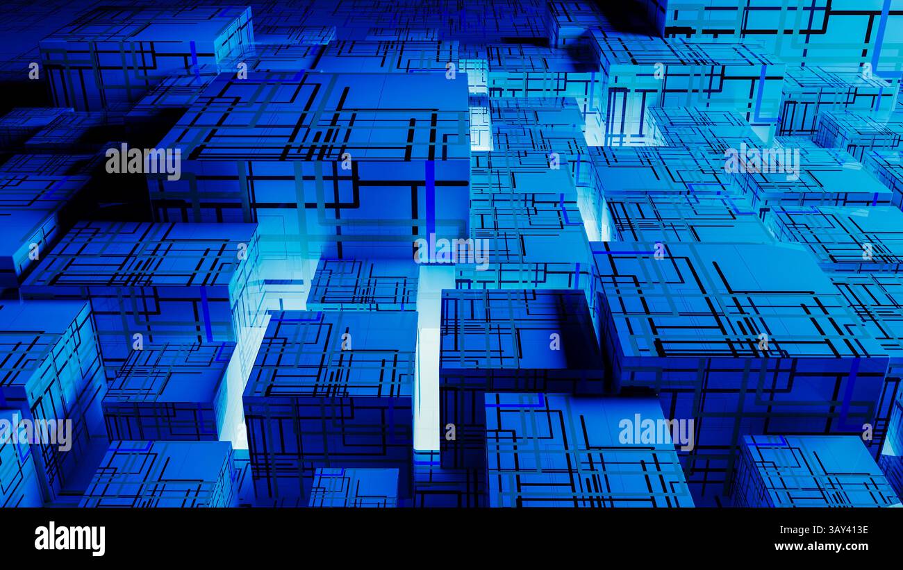 Vibrant abstract background showcases interconnected cubes, representing technology and data in a digital landscape. Stock Photo