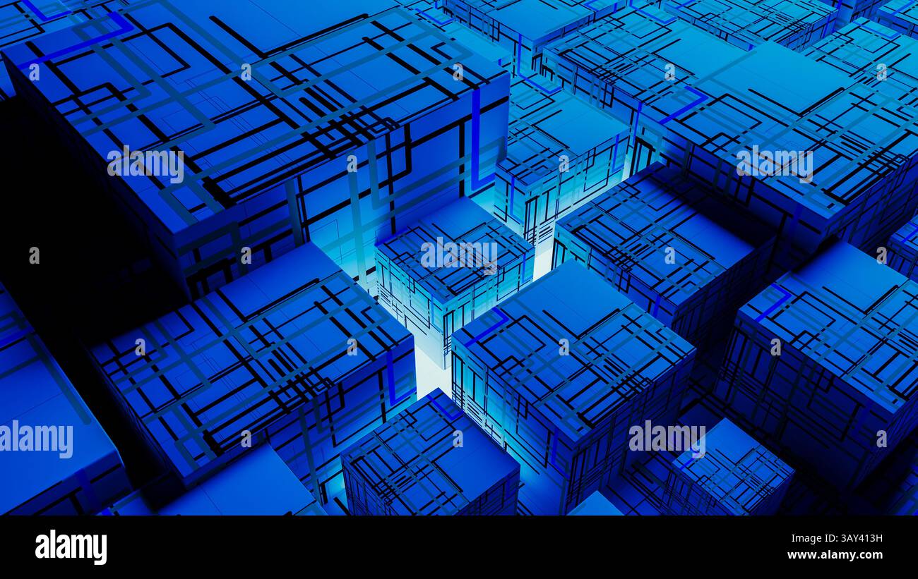 Vibrant abstract background showcases interconnected cubes, representing technology and data in a digital landscape. Stock Photo