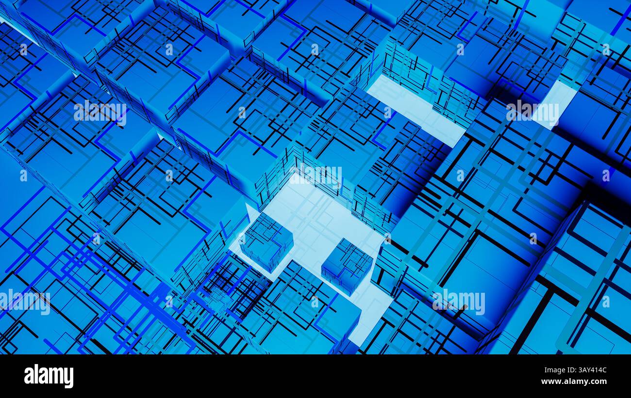 Vibrant abstract background showcases interconnected cubes, representing technology and data in a digital landscape. Stock Photo