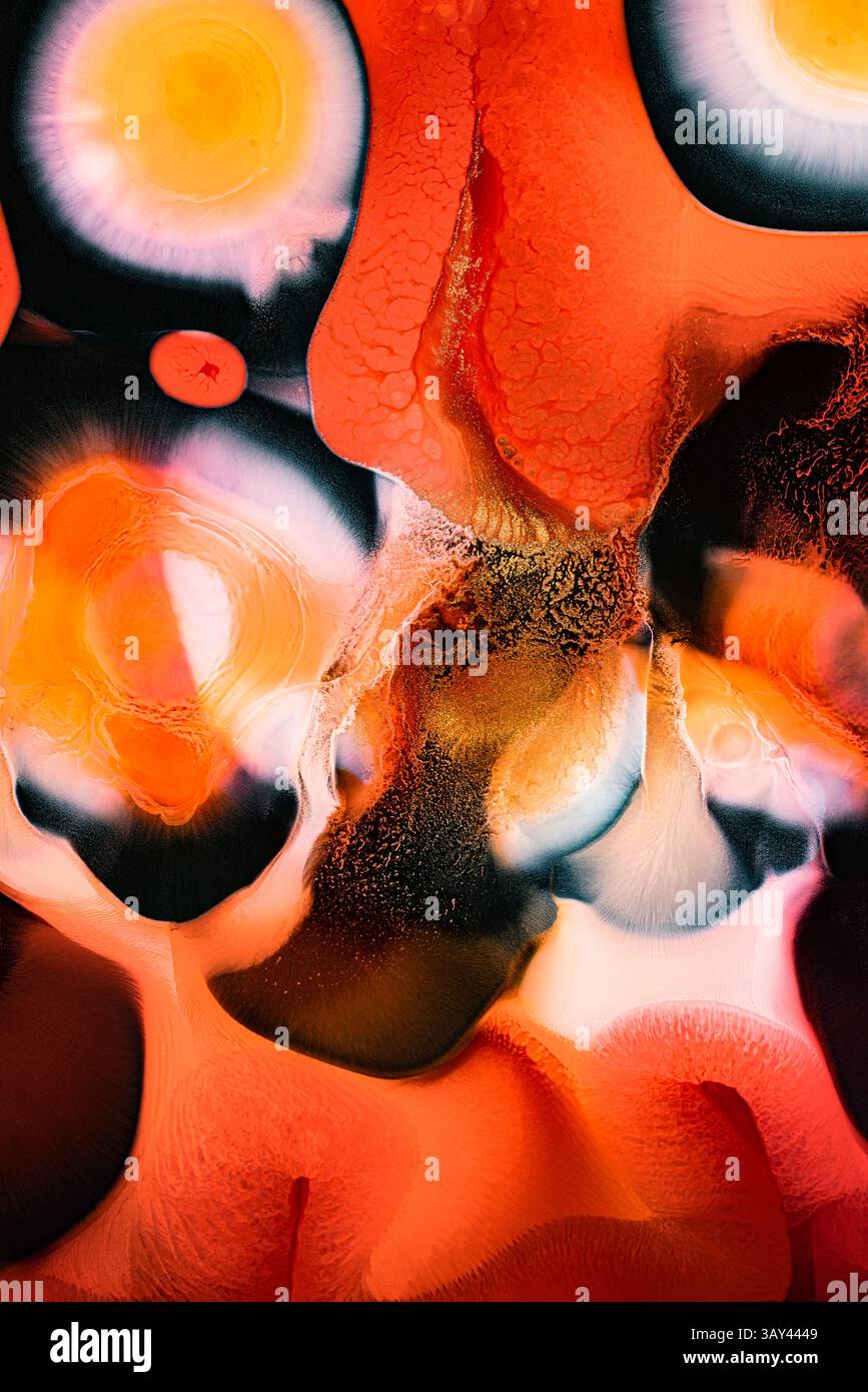 A vibrant abstract painting with dynamic orange, red, and yellow hues ...