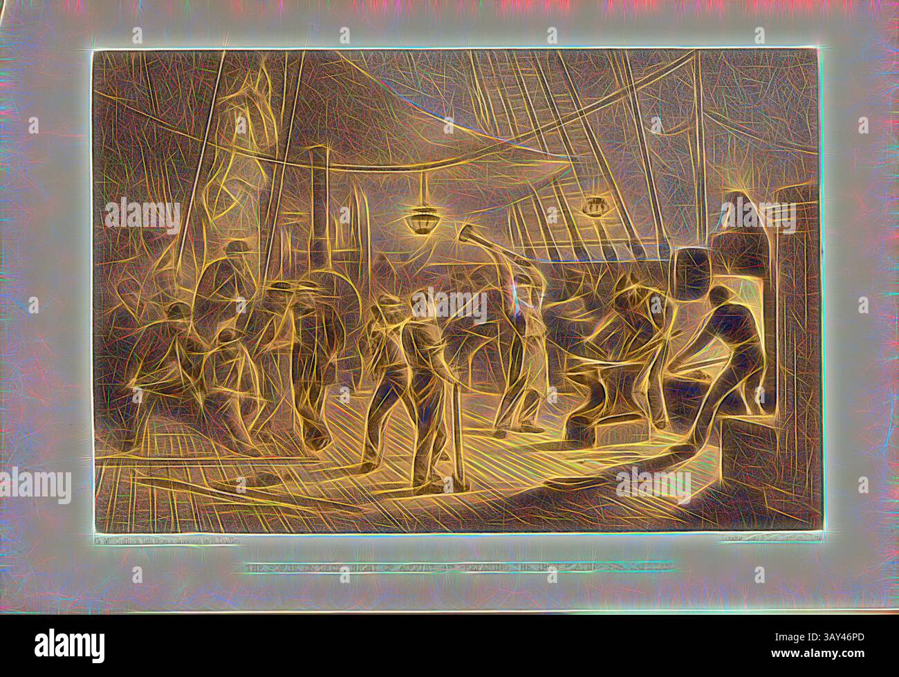 A bustling scene depicting shipyard workers engaged in various tasks ...