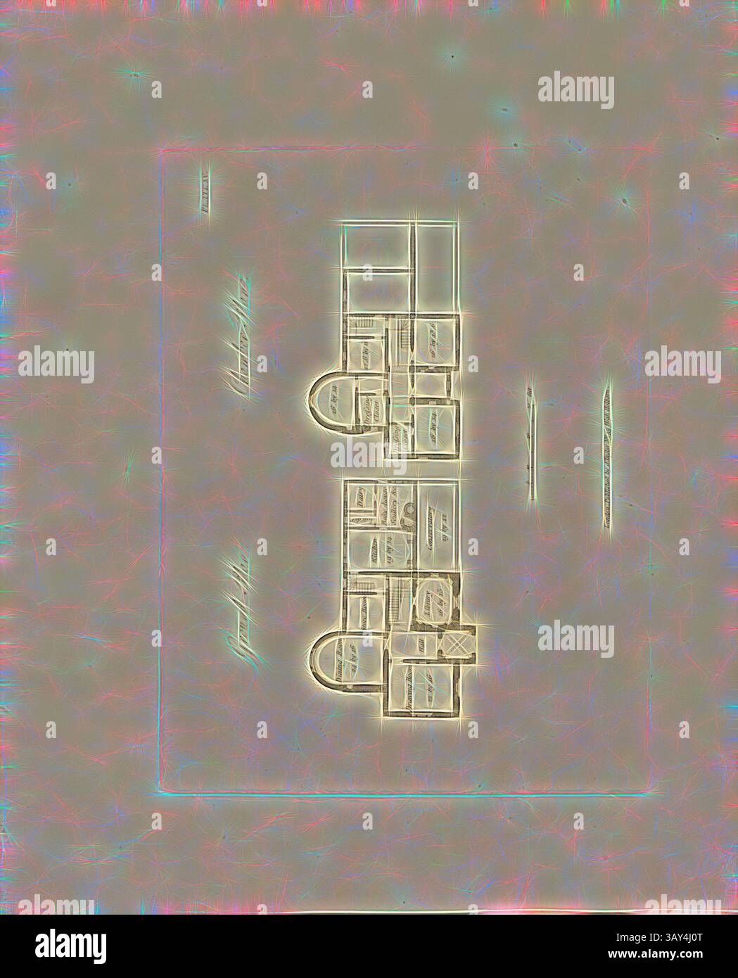 A stylized floor plan illustrating various rooms and layouts of a ...
