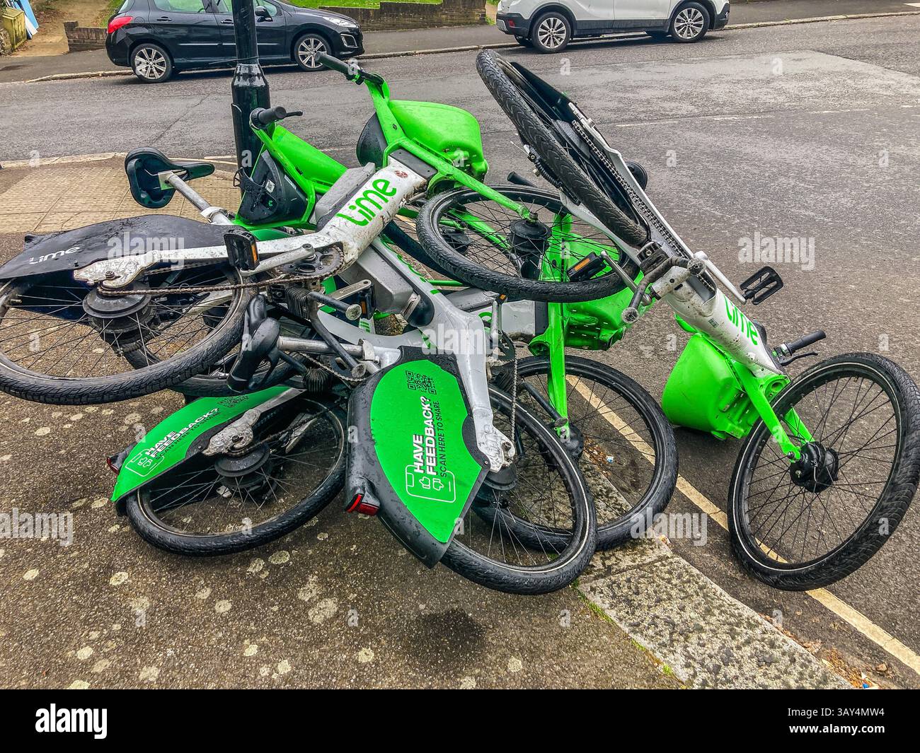 Improperly parked Lime Bikes in Lewisham - Smartphone Captured Stock Image