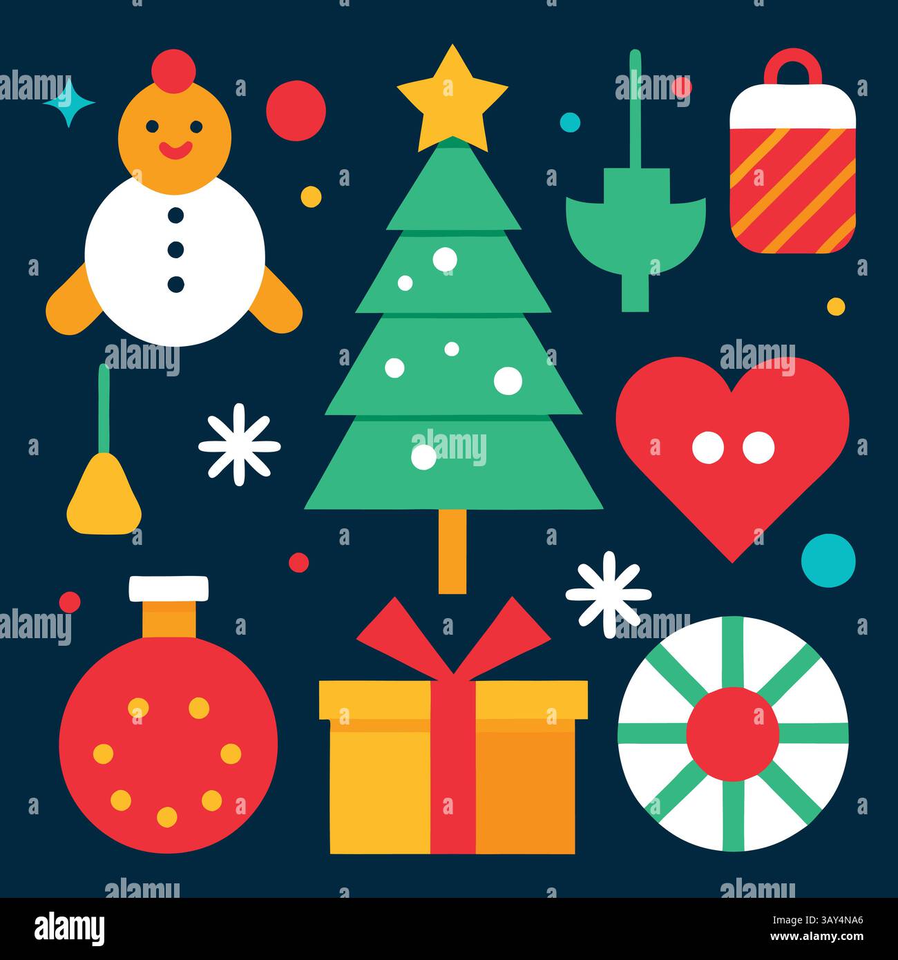 Festive Christmas Tree and Decoration Bundle: bell, tree, light, gift, read hart, Stock Vector