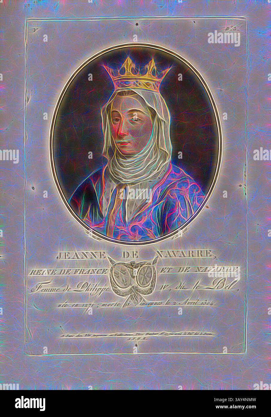 A regal figure adorned in elaborate royal attire, wearing a crown and a veil, gazes thoughtfully. Below the portrait, inscribed text identifies her as Jeanne de Navarre, highlighting her historical significance. The artwork exudes a sense of elegance and authority, framed within intricate decorative elements., Jeanne de Navarre, Queen of France and Navarre, Johanna I of Navarre, wife of Philip IV the Fair and Queen of France and Navarre, signed: Sergent (del. Et Sculp.); chez Blin, Y no. 3, Sergent, Antoine Louis François (del. et sc.); Blin (chez), Antoine François Sergent-Marceau: Portraits Stock Photo