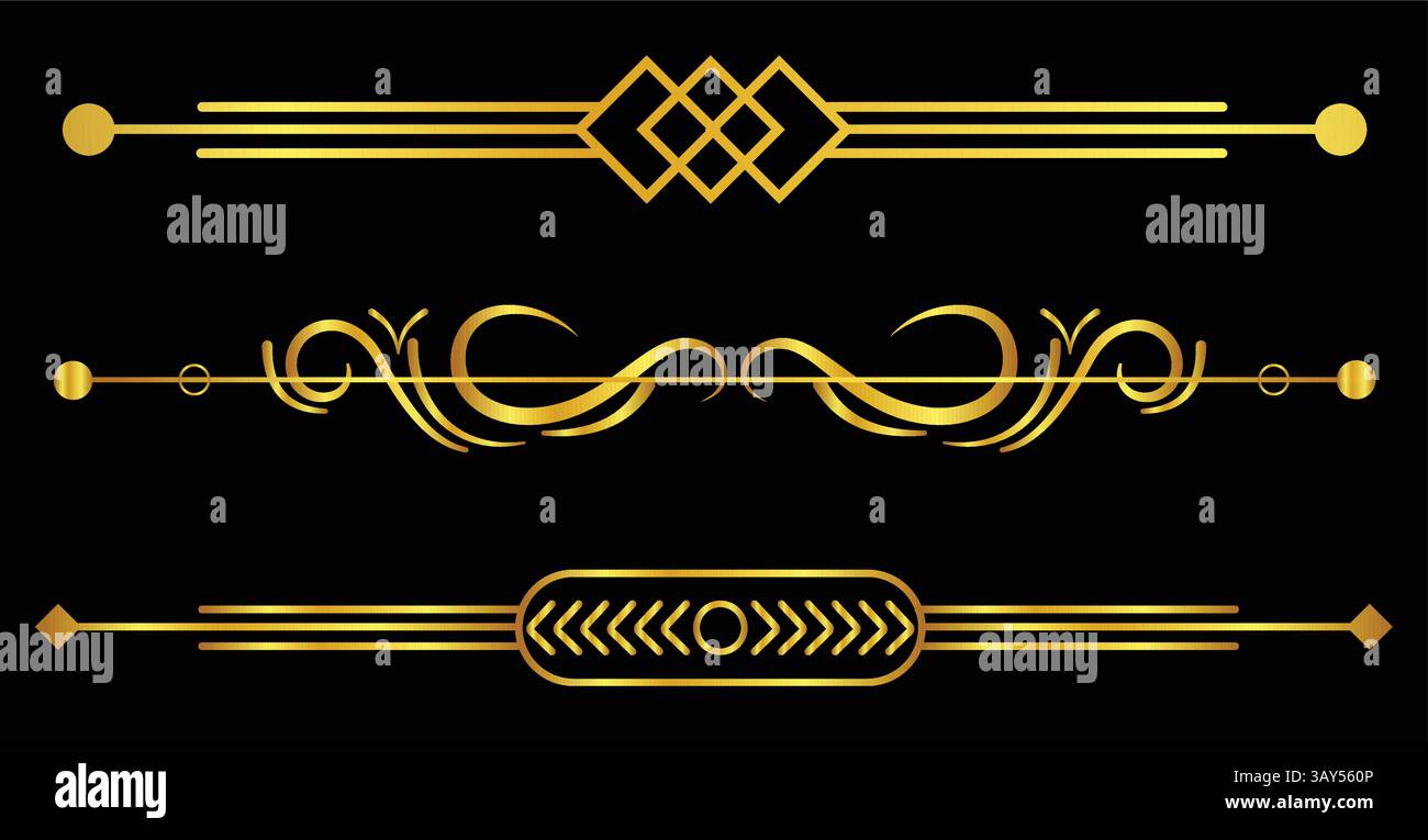 Art deco headers in gold. Calligraphic page decoration vignettes. Stock Vector