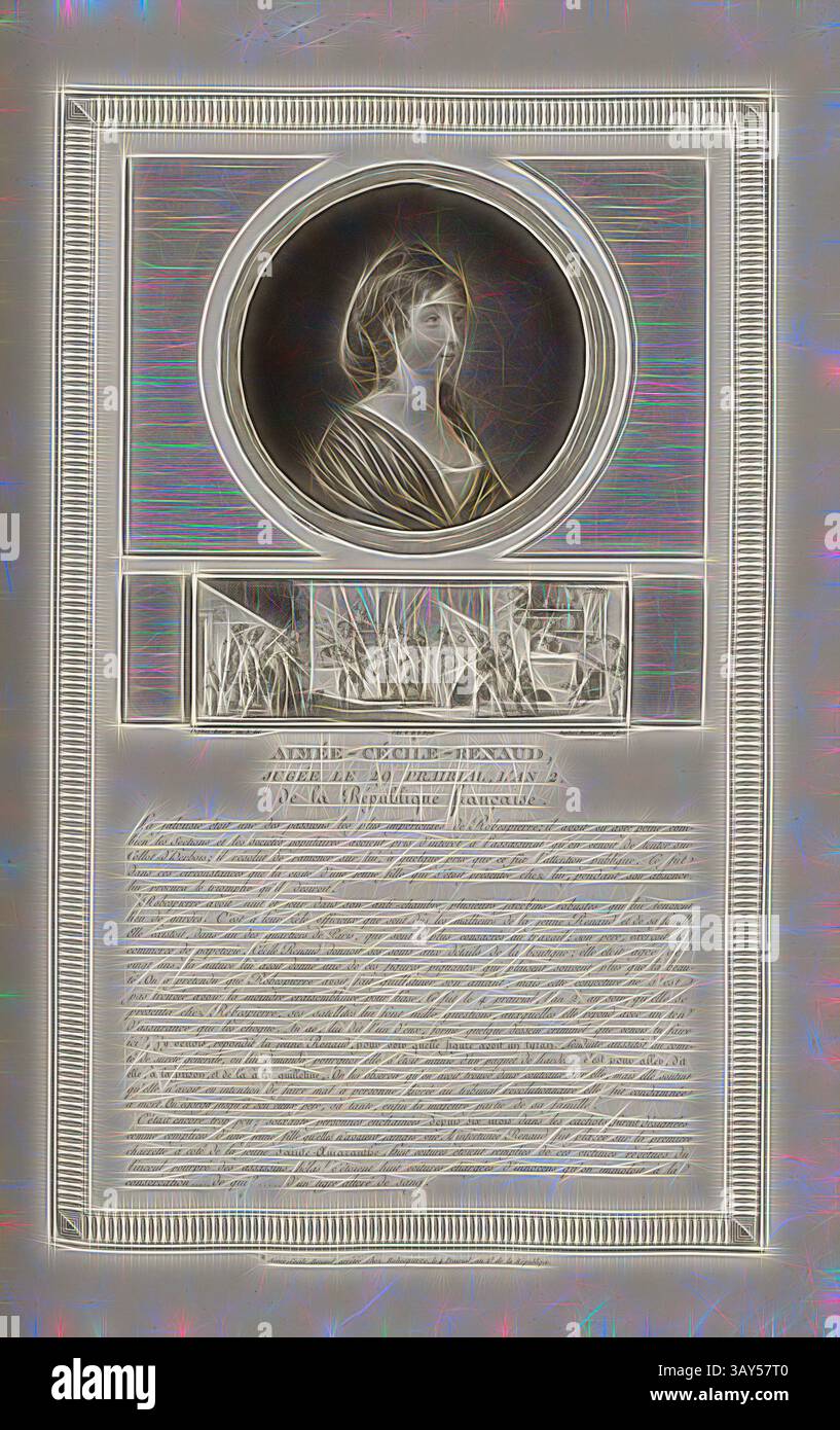 An ornate plaque features a circular portrait of a woman in profile, surrounded by decorative elements and text below detailing her achievements or significance. The overall design merges classical elegance with an artistic presentation., Aimée-Cécile-Renaud, tried on 29 Prairial, year 2. of the French Republic, Portrait of Aimée Cécile Renault and arrest of Aimée Cécile Renault at the apartment of Robespierre, signed: Levachez sculp, Duplessi-Bertaux inv. Et del, Duplessi-Bertaux aqua forti, Fig. 31, according to p. 9 (Gouvernement provisoire), Levachez, Charles François Gabriel (sc Stock Photo