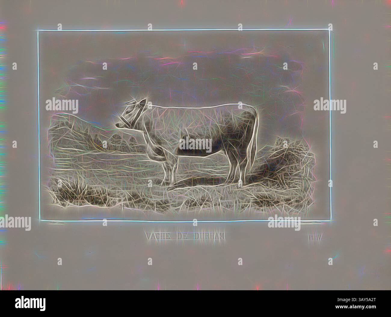 A stylized depiction of a cow standing beside a fence, surrounded by an ...