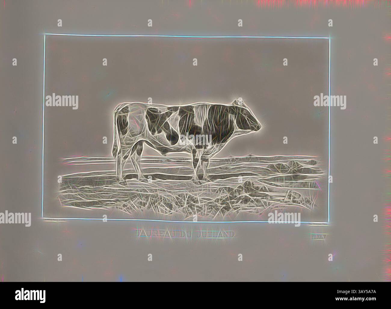 A stylized depiction of a cow standing in a pasture, highlighted by a ...