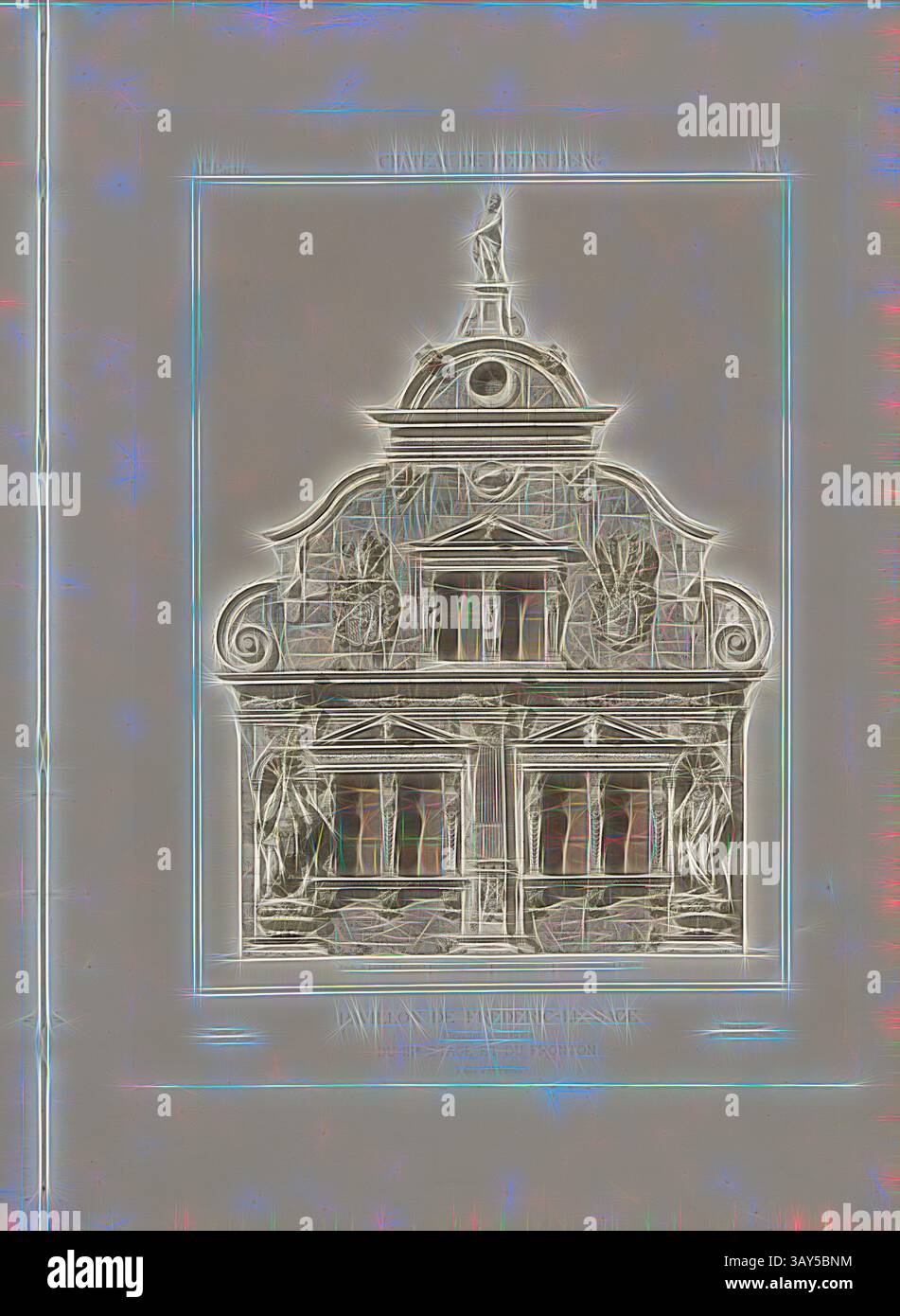 An intricately designed architectural façade featuring ornate details, complete with statues and decorative elements, showcasing a blend of classical and elaborate artistic styles., Heidelberg Castle, Frederick the Wise Pavilion, geometric elevation of the III. floor and pediment, elevation of the gable and 3rd floor of the Friedrichsbau of Heidelberg Castle, signed: Relevé et Gravé par Rodolphe Pfnor; Chardon, F. aîné (imprimé), Fig. 18, II. Lot, Pl. IV, after p. 16, Pfnor, Rodolphe (relevé et gravé); Chardon, F. aîné (imprimé), Rodolphe Pfnor, Daniel Ramée: Monographie du Château de Stock Photo