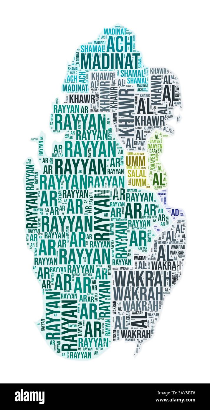 Qatar region word cloud. Country shape design. Qatar colored illustration. Region names collage cloud. Vector illustration. Stock Vector