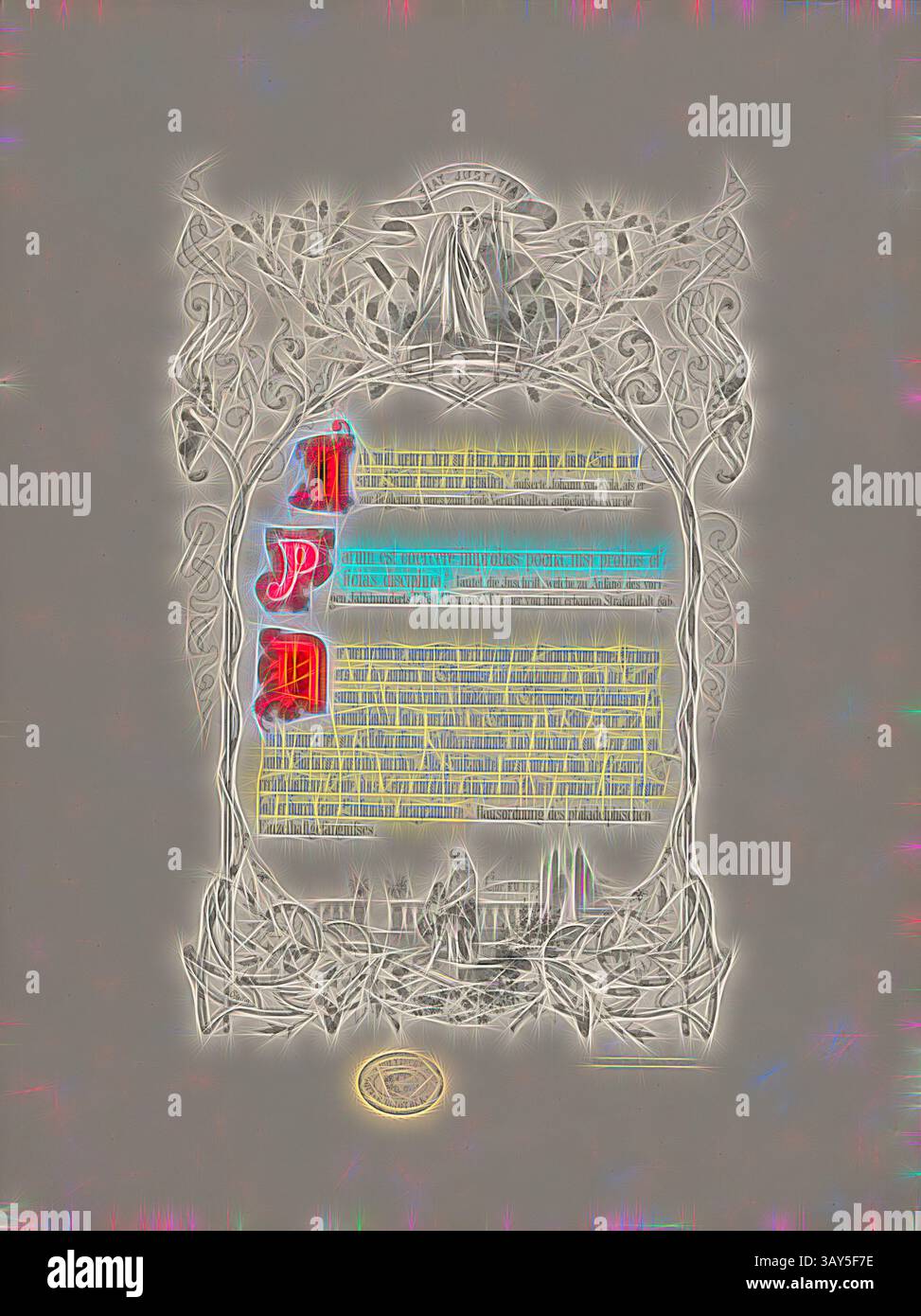 A decorative certificate featuring ornate borders and intricate designs