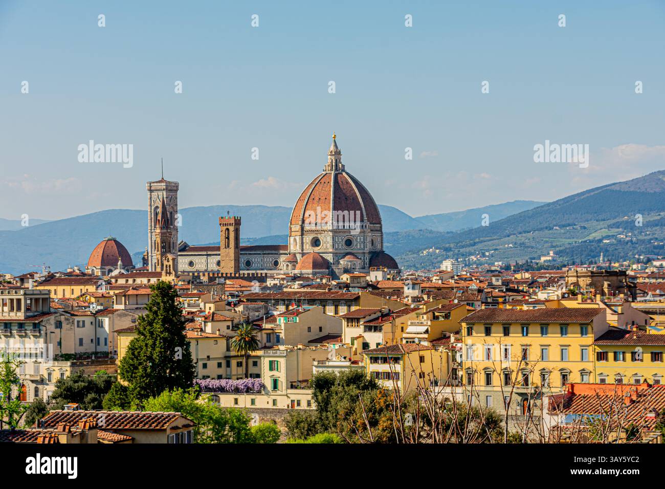 A panoramic view of Florence highlights its historic centre, featuring the iconic dome of the Duomo and Giotto's Bell Tower. Stock Photo