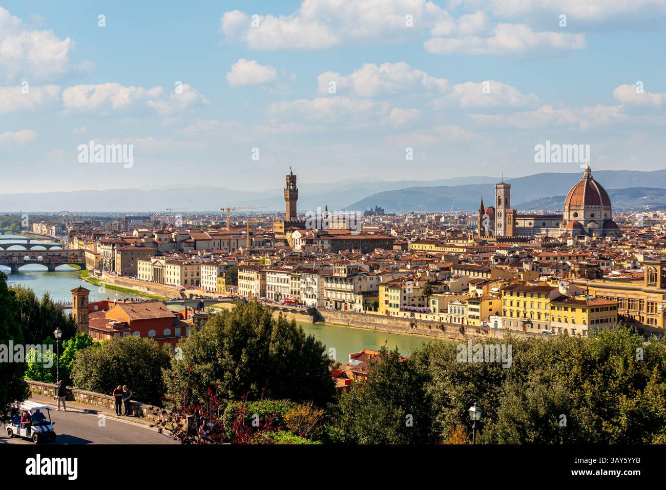 Panoramic view of Florence from Piazzale Michelangelo, with the iconic Duomo and terracotta rooftops bathed in Tuscan sunlight. Stock Photo