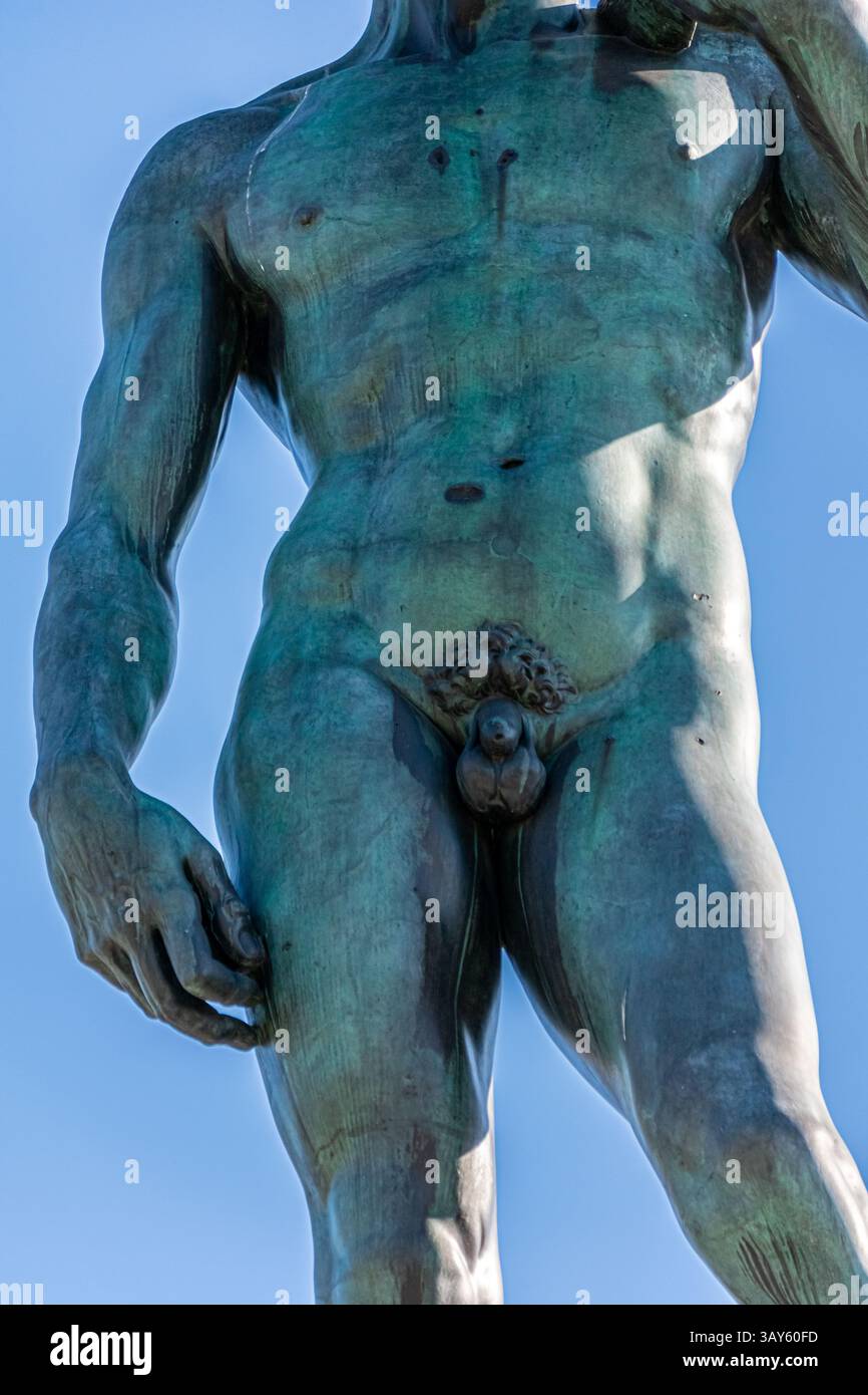 Close-up of the replica of Michelangelo’s David at Piazzale Michelangelo, Florence, capturing its Renaissance artistry and bold expression. Stock Photo