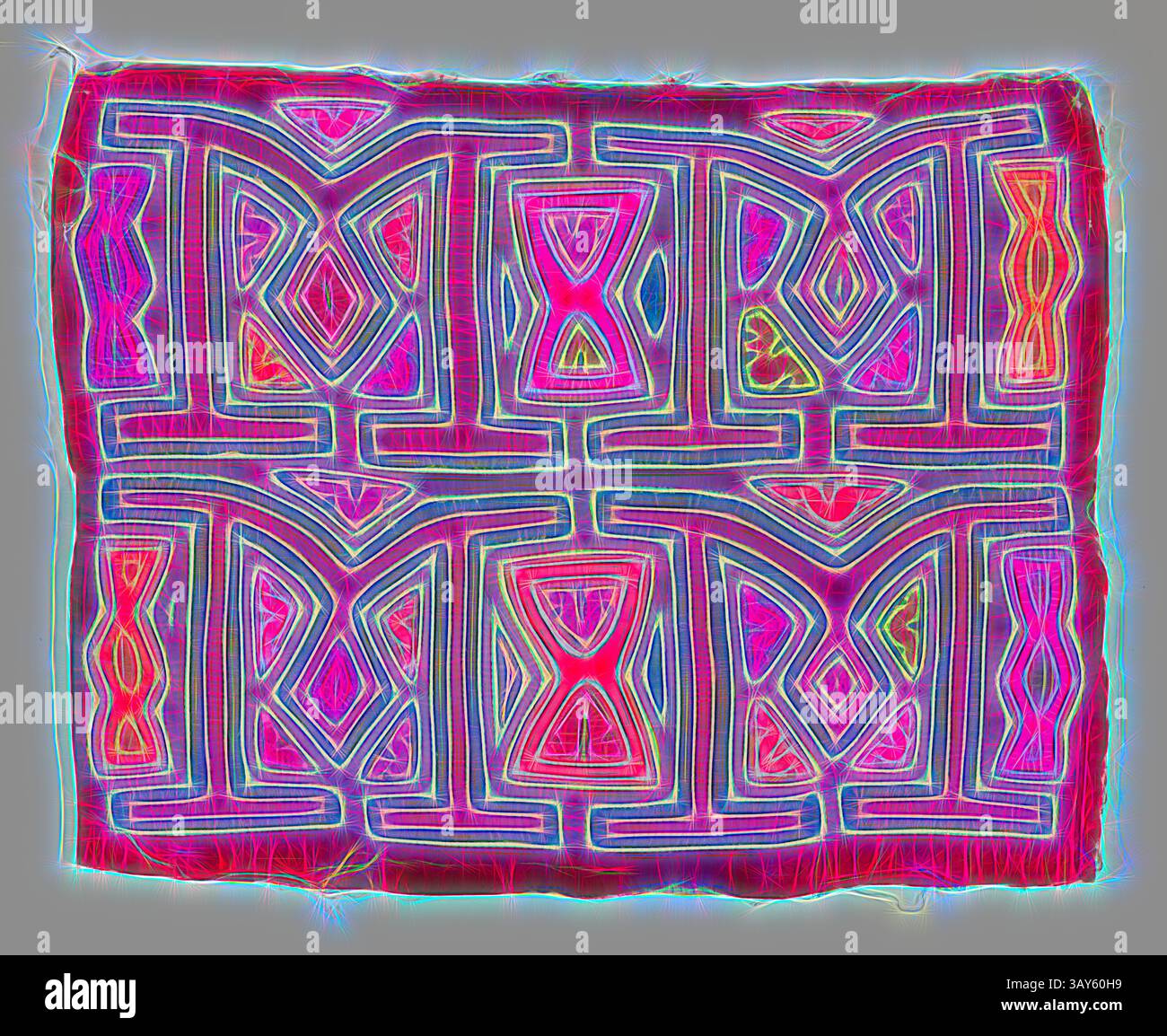 A vibrant textile featuring intricate, geometric patterns in bold lines ...