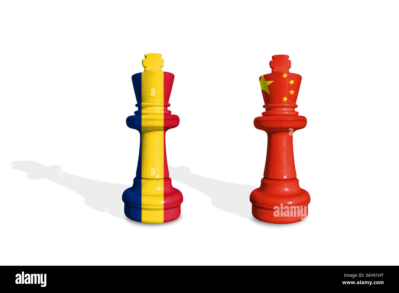 Chess made from Romania and China flags. Trade, duty, customs and tariffs war Stock Photo