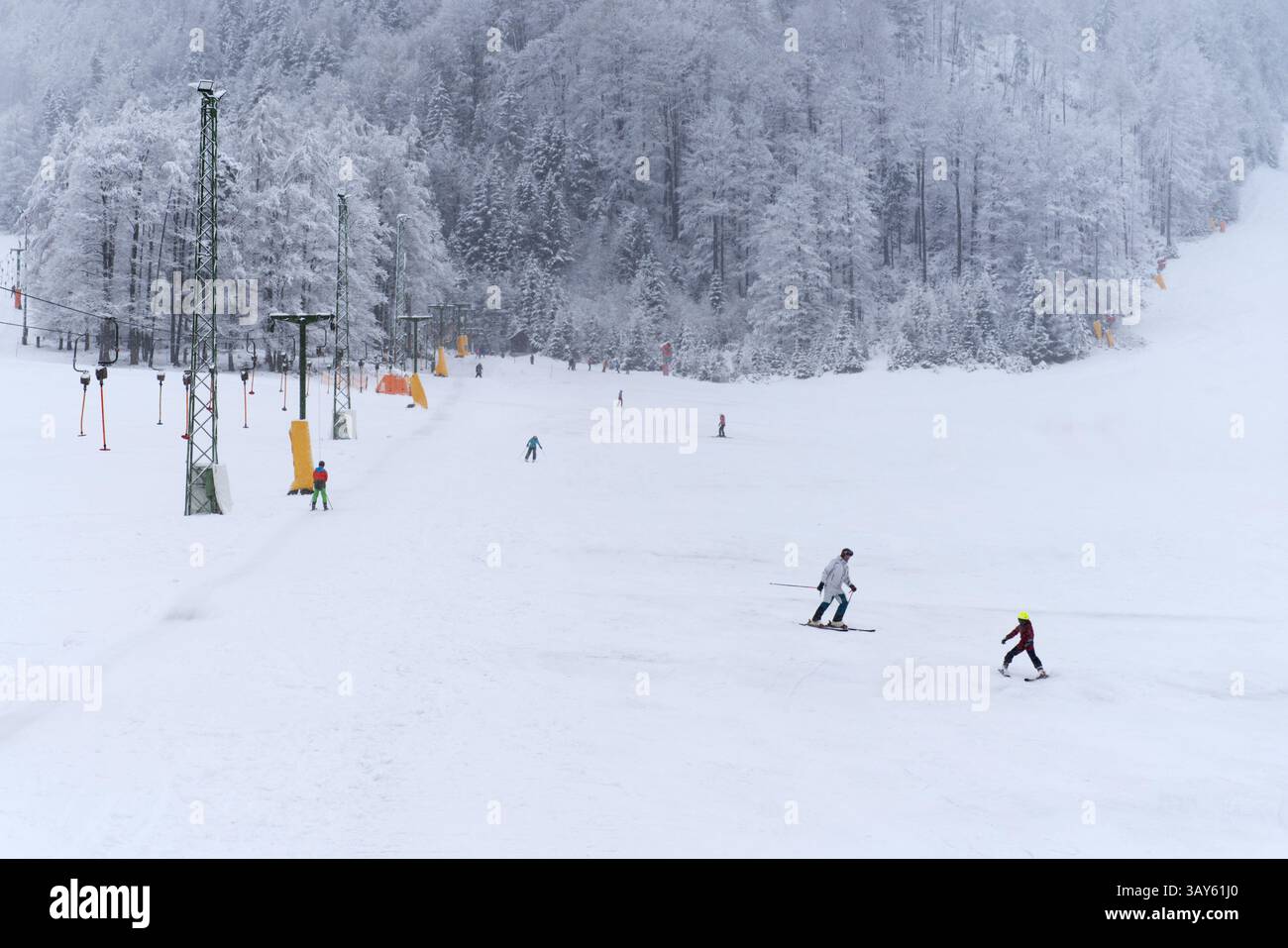 A snowy ski slope stretches through a wintery forest, with skiers descending amidst snow-covered trees and lift infrastructure Stock Photo