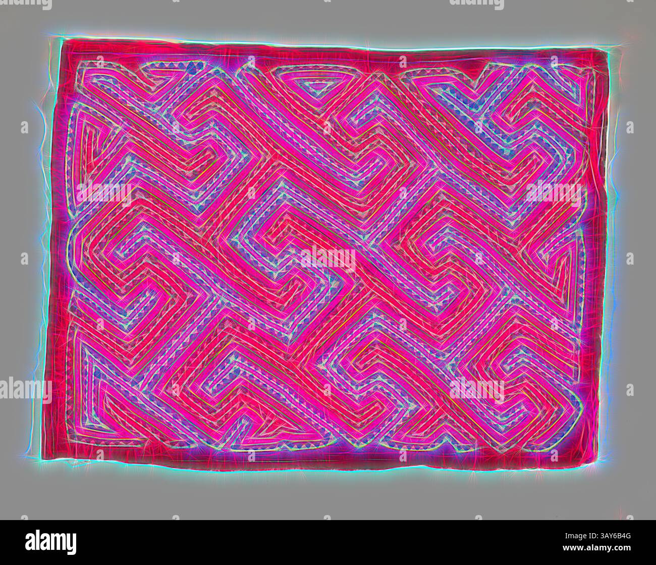 A vibrant textile featuring intricate, interwoven patterns in bold pink ...