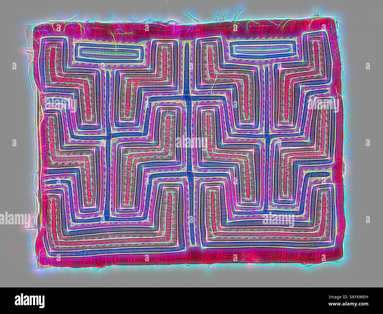 A vibrant textile featuring a complex geometric pattern with interwoven ...