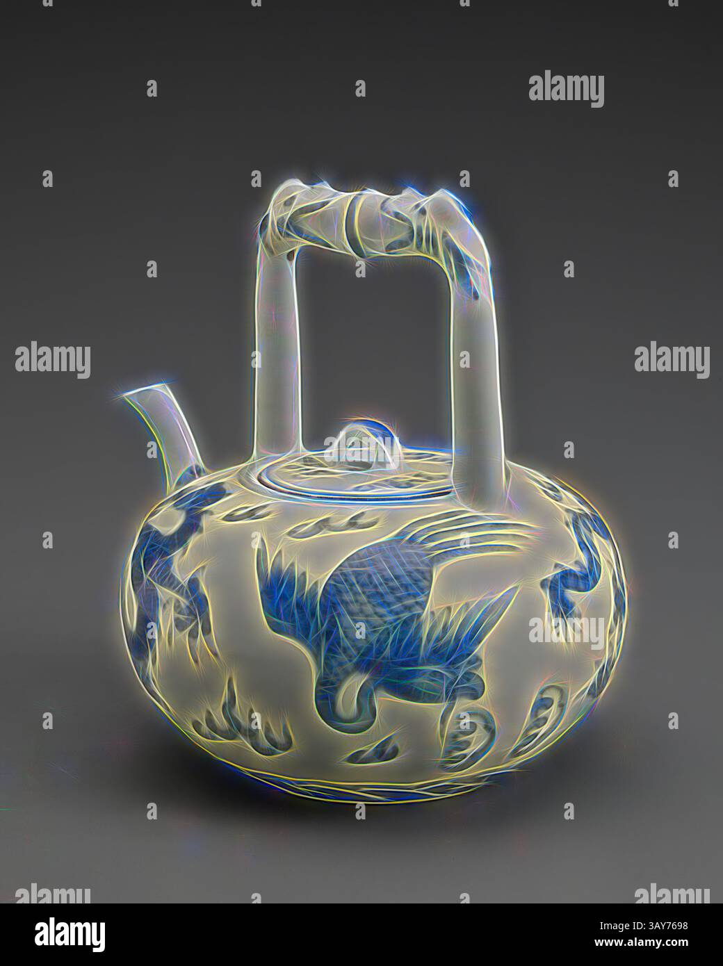 An elegant teapot featuring intricate blue designs of birds and flowing patterns, complemented by a unique, stylized handle that adds a modern twist to its traditional shape., tea pot, Wanli, Ming dynasty, period, Wanli, 1573-1619, porcelain with cobalt underglaze, 5-7/8 x 5 (diam.) in., six character reign mark inside a double circle in underglaze blue, Asian Art, Classic art with a modern twist reimagined by Artotop Stock Photo