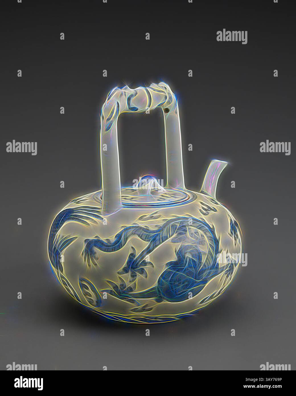 An intricately designed teapot featuring elegant dragon motifs, showcasing a blend of artistry and craftsmanship with a unique handle that adds to its charm., tea pot, Wanli, Ming dynasty, period, Wanli, 1573-1619, porcelain with cobalt underglaze, 5-7/8 x 5 (diam.) in., six character reign mark inside a double circle in underglaze blue, Asian Art, Classic art with a modern twist reimagined by Artotop Stock Photo