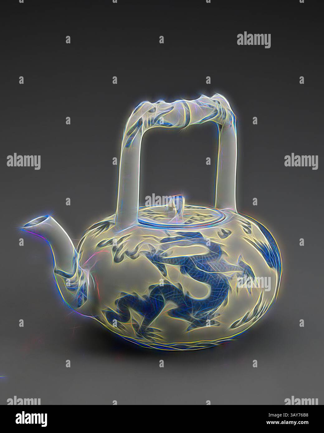 A beautifully crafted teapot featuring intricate blue and white patterns, showcasing an elegant design with a prominent handle and spout, surrounded by delicate floral motifs., tea pot, Wanli, Ming dynasty, period, Wanli, 1573-1619, porcelain with cobalt underglaze, 5-7/8 x 5 (diam.) in., six character reign mark inside a double circle in underglaze blue, Asian Art, Classic art with a modern twist reimagined by Artotop Stock Photo