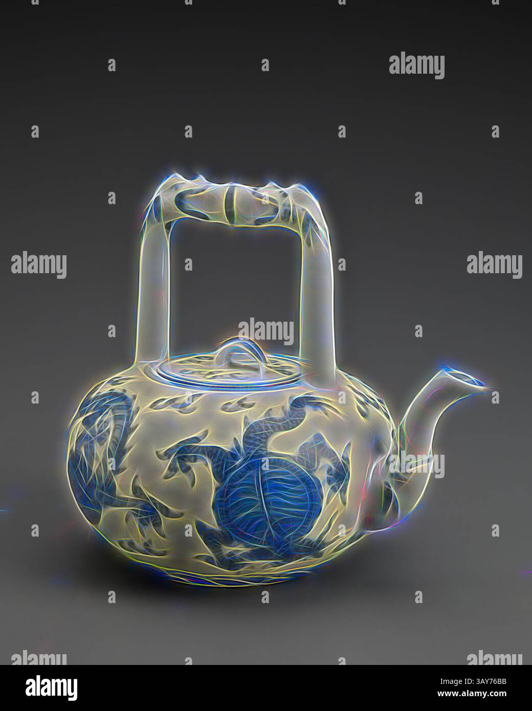 An intricately designed teapot featuring elegant patterns in blue, with a unique handle and spout, exuding an artistic flair and a sense of traditional craftsmanship., tea pot, Wanli, Ming dynasty, period, Wanli, 1573-1619, porcelain with cobalt underglaze, 5-7/8 x 5 (diam.) in., six character reign mark inside a double circle in underglaze blue, Asian Art, Classic art with a modern twist reimagined by Artotop Stock Photo