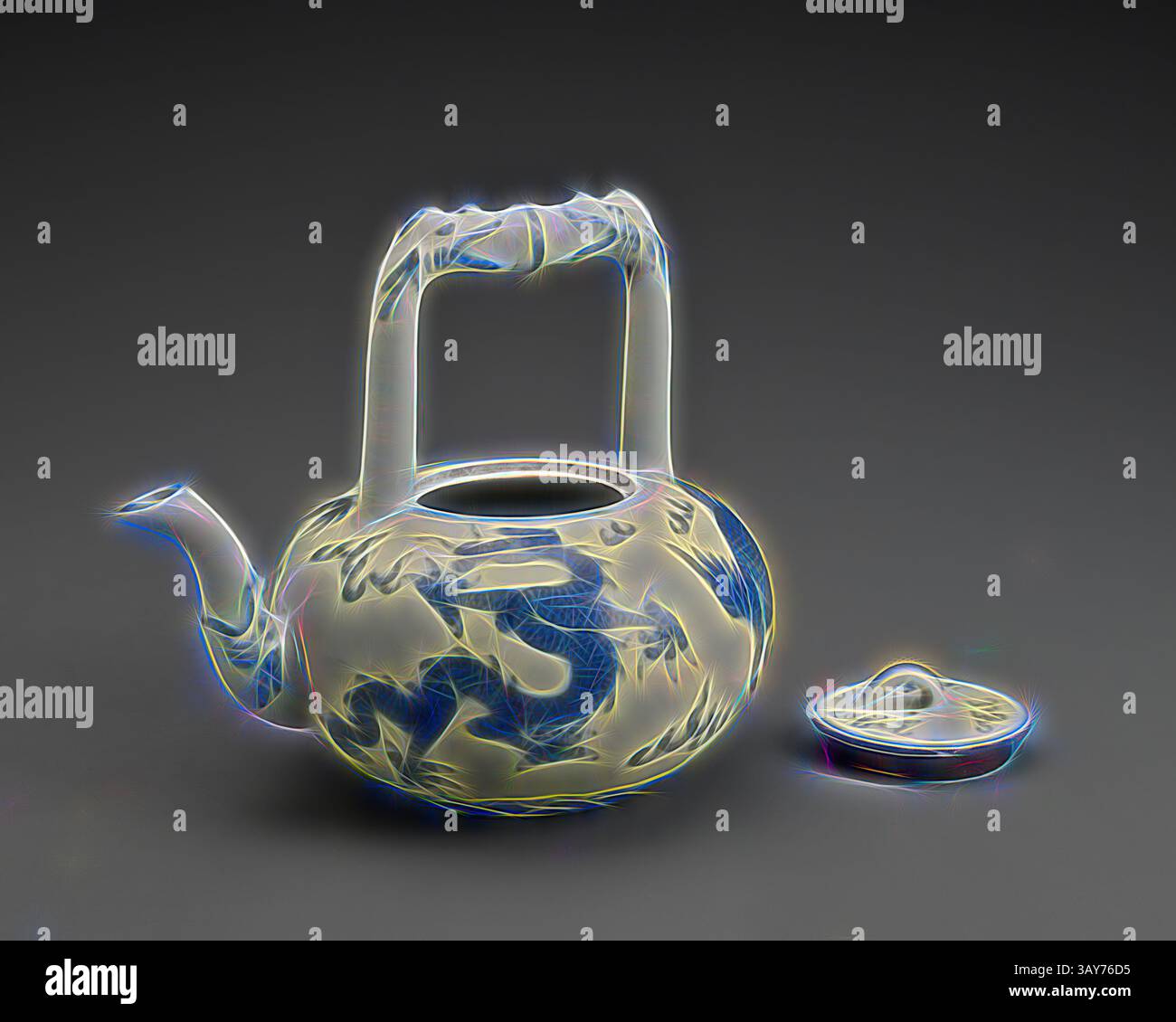 An intricately designed teapot with a dragon motif, featuring a unique handle and a matching lid, showcasing ornate detailing and graceful curves., tea pot, Wanli, Ming dynasty, period, Wanli, 1573-1619, porcelain with cobalt underglaze, 5-7/8 x 5 (diam.) in., six character reign mark inside a double circle in underglaze blue, Asian Art, Classic art with a modern twist reimagined by Artotop Stock Photo