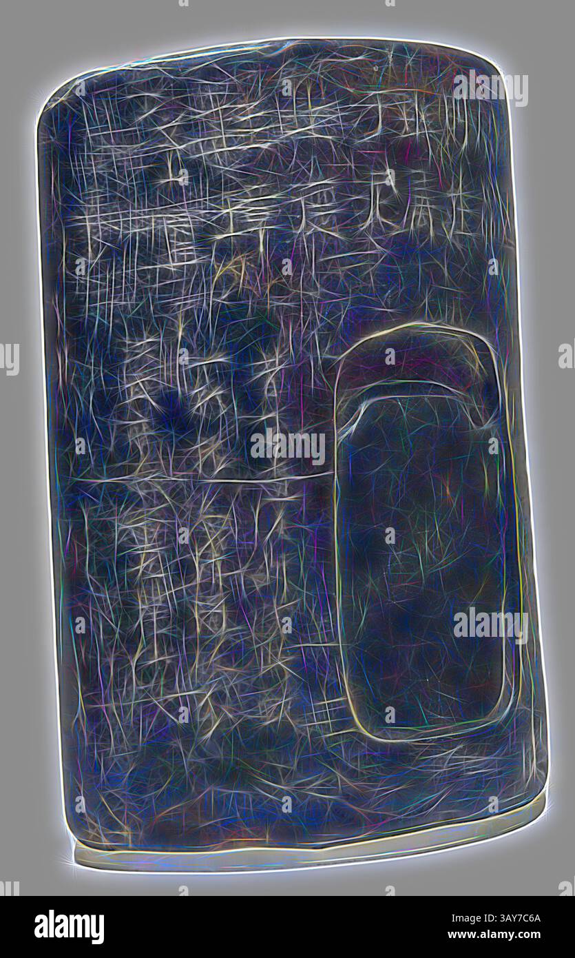 A textured object with an abstract, ethereal quality, featuring intricate lines and a subtle glow, giving it a futuristic appearance., inkstone in the shape of a Han dynasty roof tile, Ming dynasty, Ming dynasty, 16th century, stoneware with carved inscriptions, 8-1/2 x 7-1/2 in., Asian Art, Classic art with a modern twist reimagined by Artotop Stock Photo