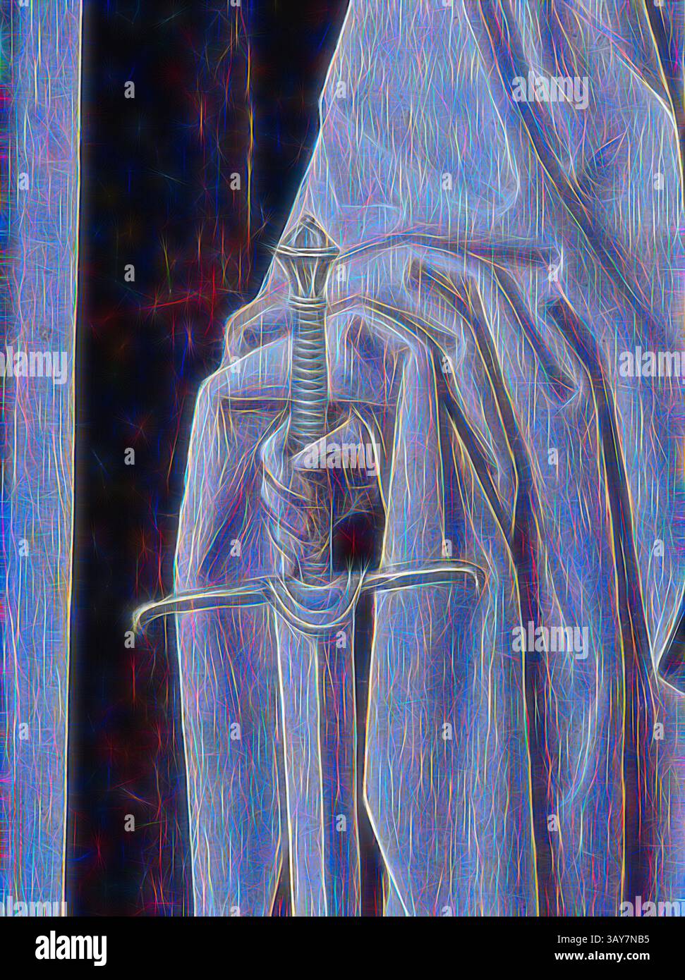 A serene figure draped in flowing fabric holds a gleaming sword, its ...
