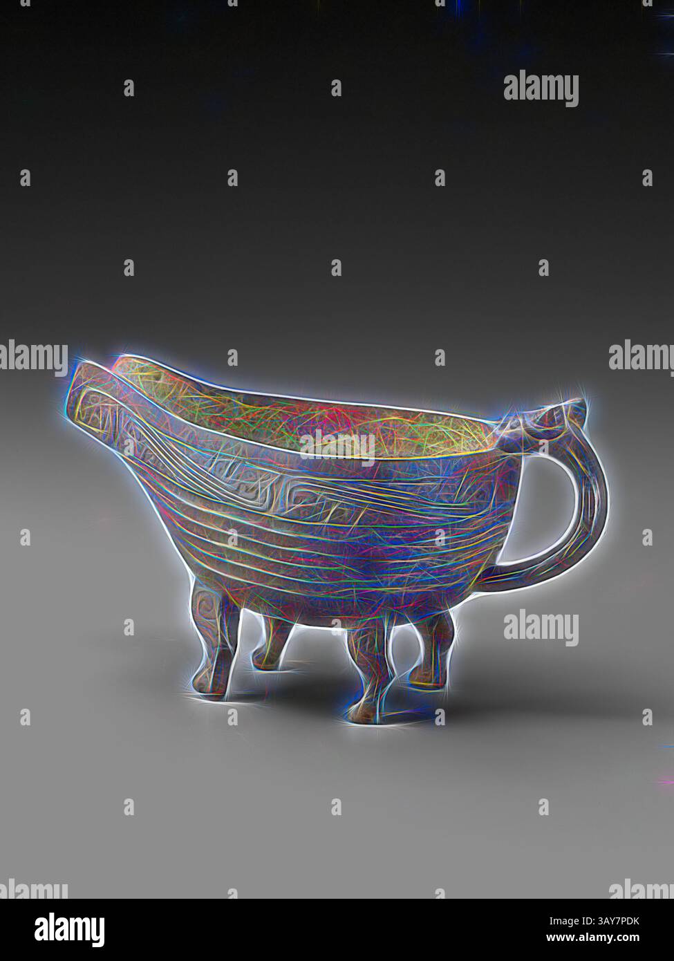 An intricately designed vessel with a unique shape and decorative patterns, supported by four animal-like legs. The handle curves elegantly, adding to its artistic appeal., ritual water vessel, Unknown, Western Zhou dynasty, about 800 B.C.E., bronze, H: 6 in. W: 12 in. D: 5 in., Asian Art, Classic art with a modern twist reimagined by Artotop Stock Photo