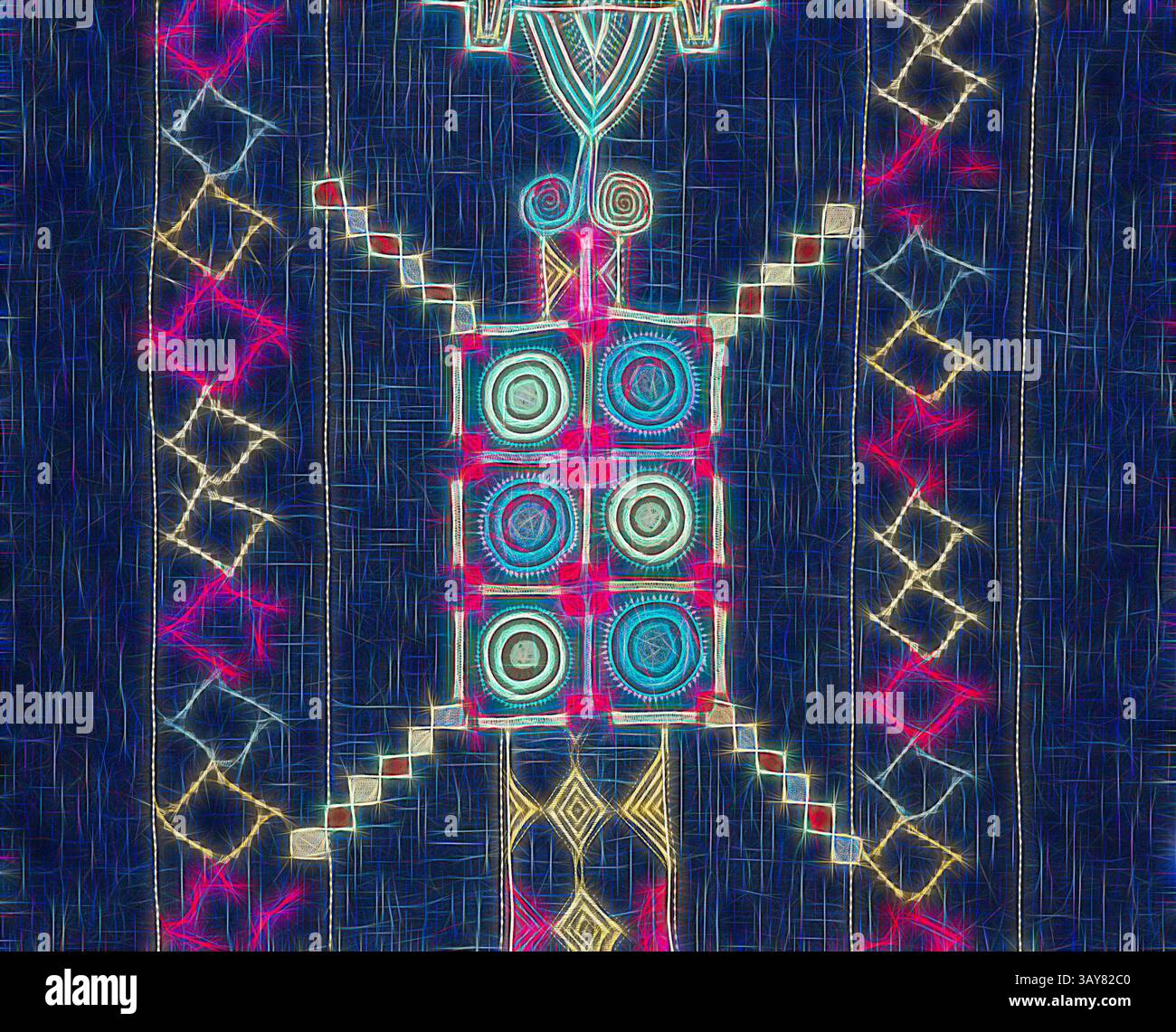 A vibrant tapestry featuring intricate geometric patterns, with ...