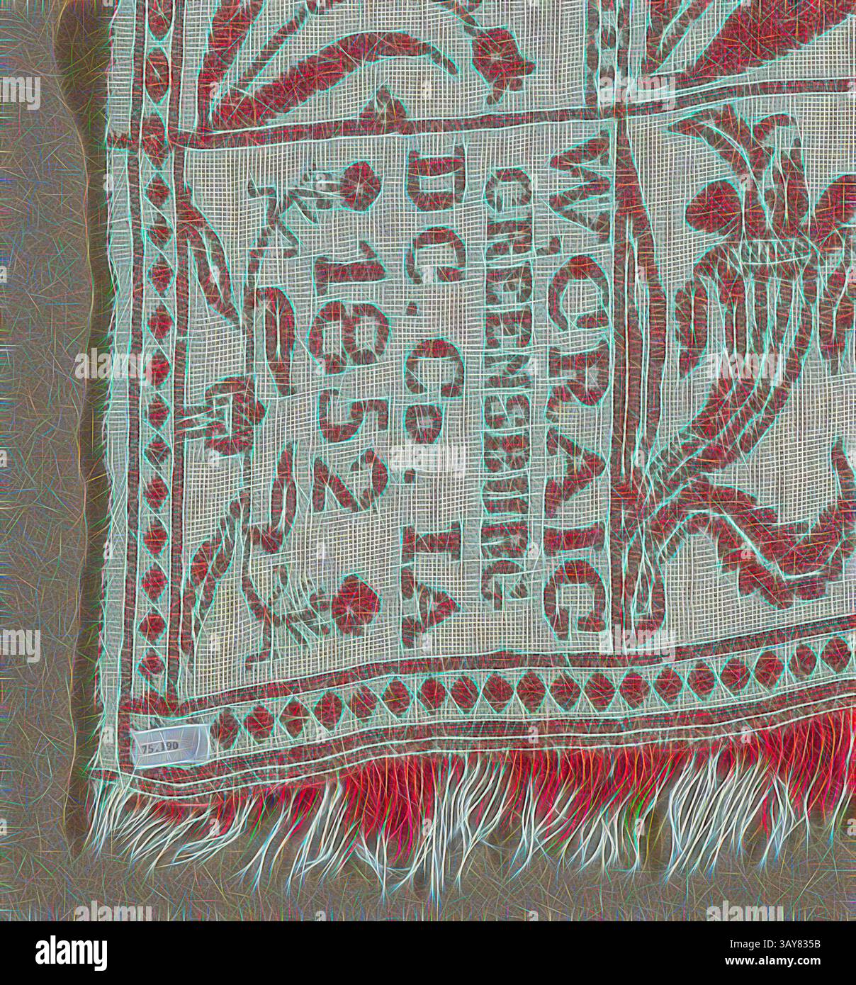 A detailed textile featuring floral patterns and intricate lettering ...