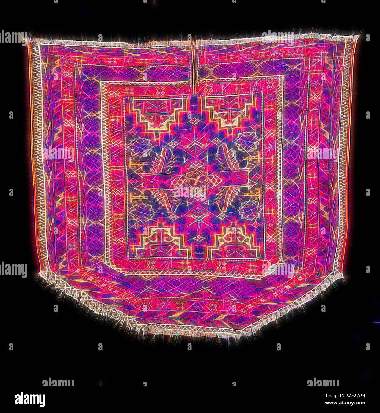 A vibrant textile featuring intricate geometric patterns in bold colors ...