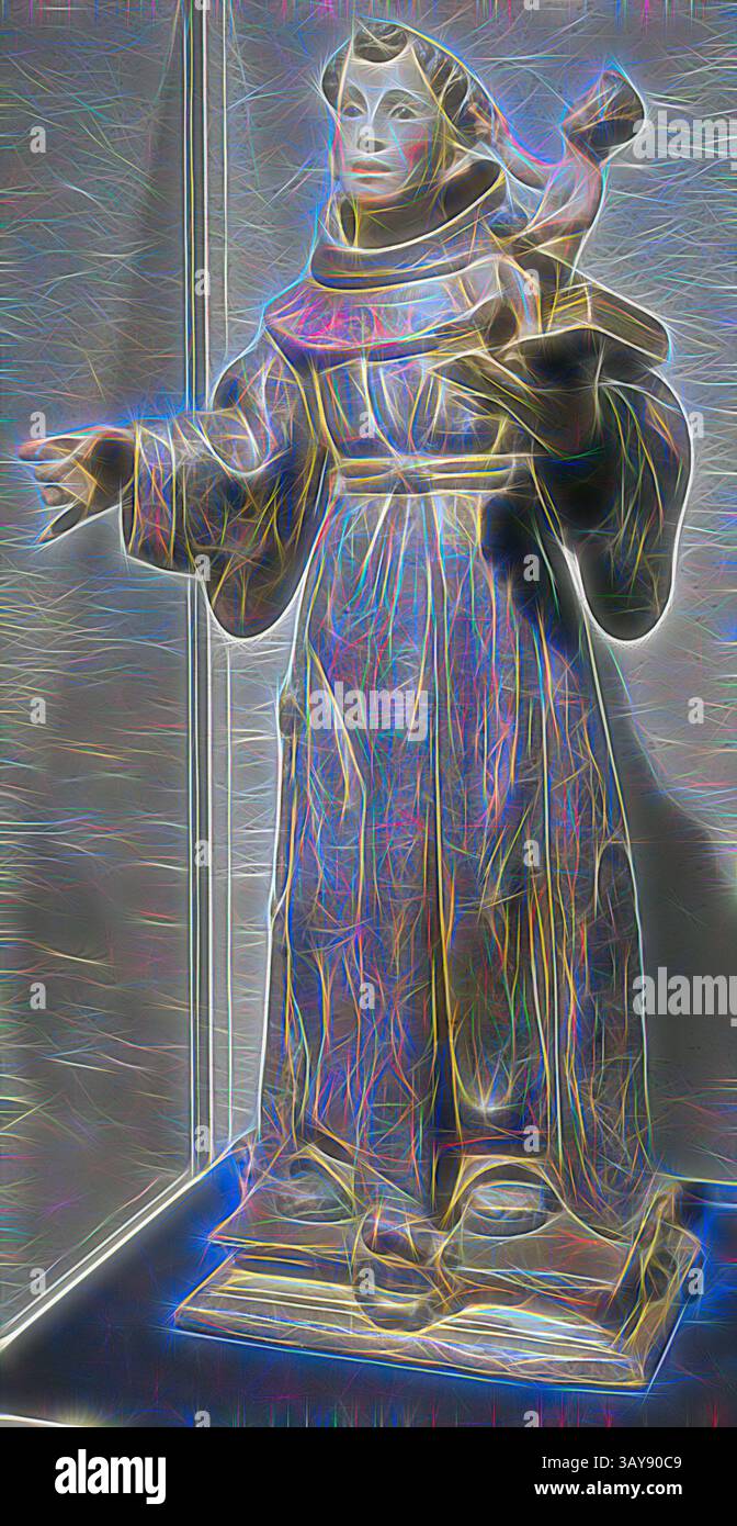A whimsical statue of a figure dressed in flowing robes, adorned with a ...