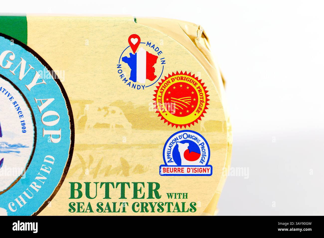 Appellation D'Origine Protegee (AOP) geographic indication logo on a foodstuff indicating item is linked to a specific geographic area. Stock Photo