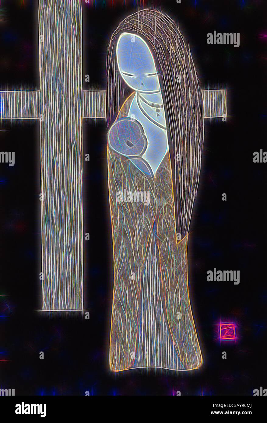 A stylized figure with long flowing hair stands beside a vertical cross ...